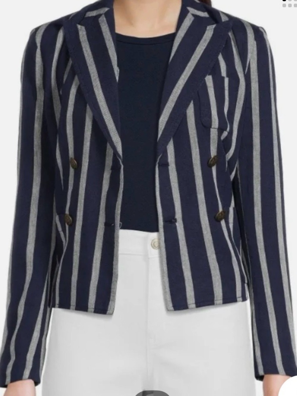 Lauren Ralph Lauren Navy and Gray Striped Double-Breasted Blazer